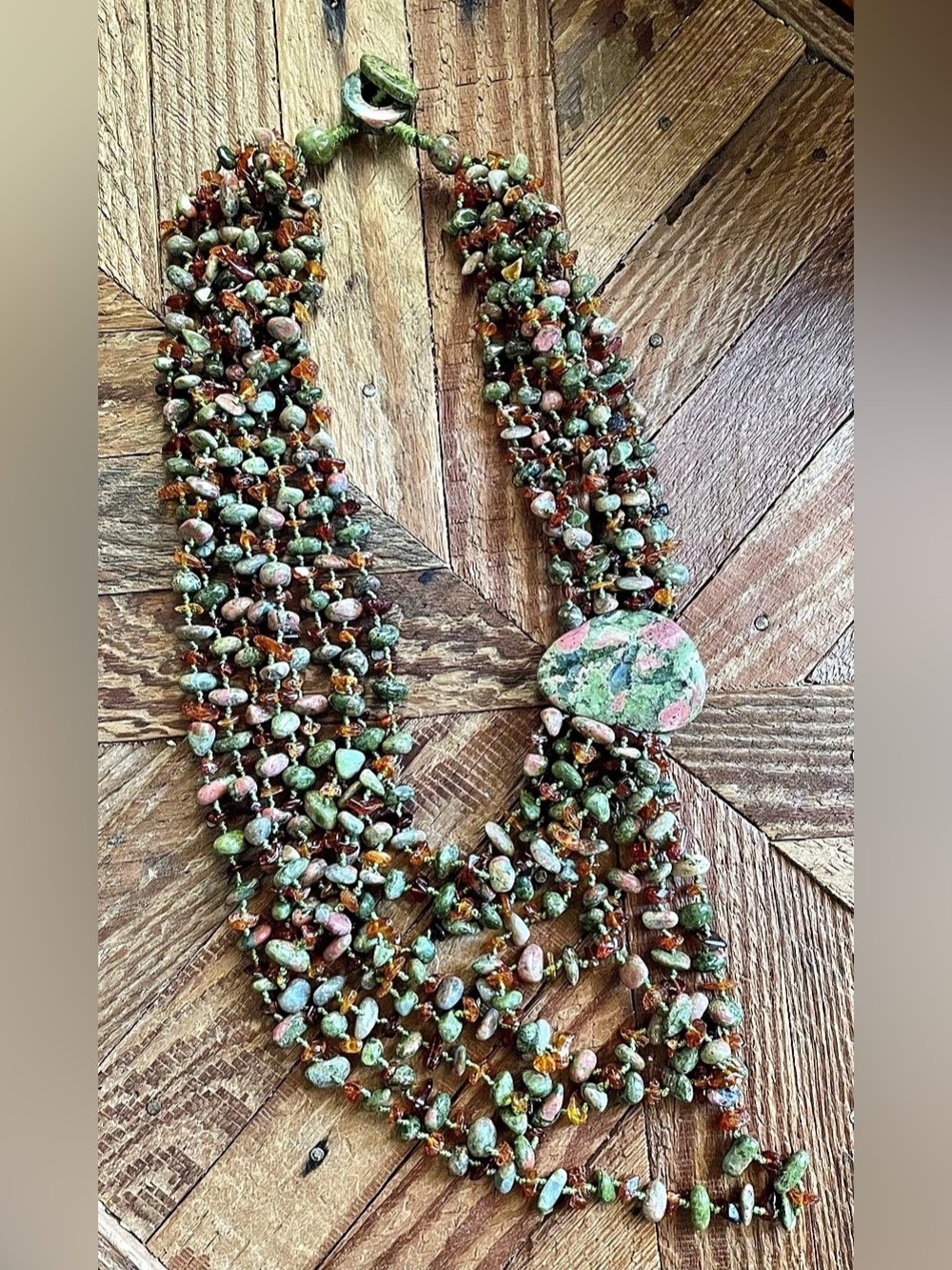 Artisan Multistrand Unakite and Amber Statement Necklace